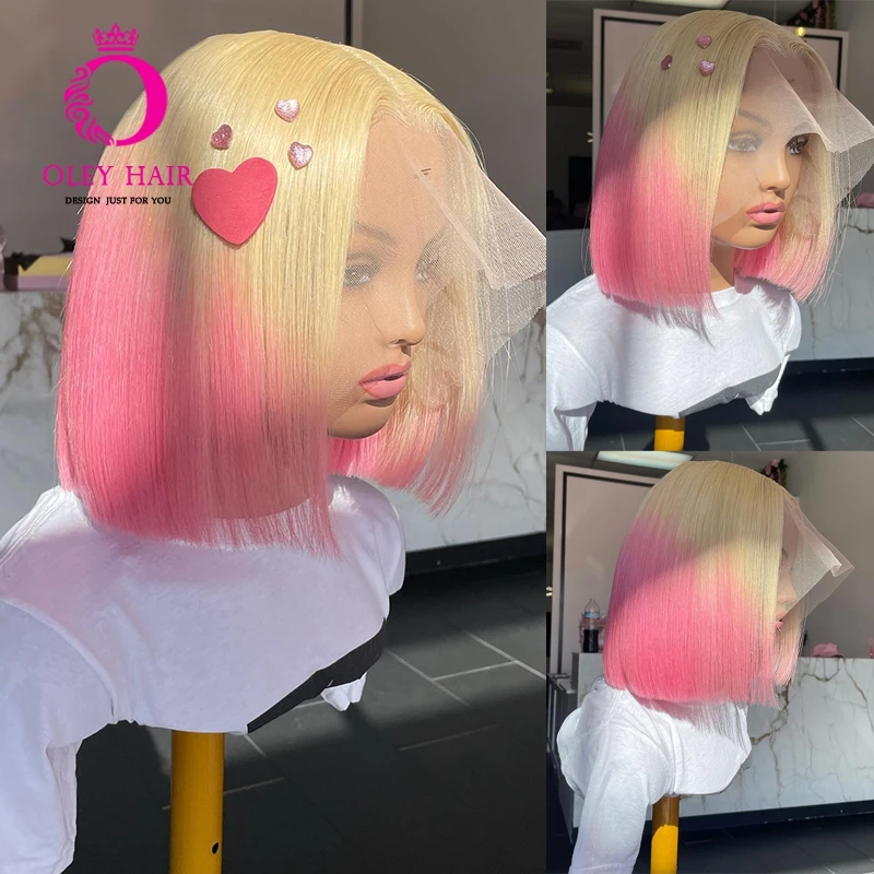 

Ombre Pink Colored 14 Inch 13x4 Synthetic Transparent Lace Front Short Bob Pixie Cut Blonde Drag Queen Cosplay Wigs For Women