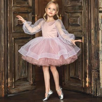 Tulle Puffy Child Evening Dress Illusion Children's Elegant Dress Long Sleeves Girl Kid's Dress Ruffles Pink Flower Girl Dresses