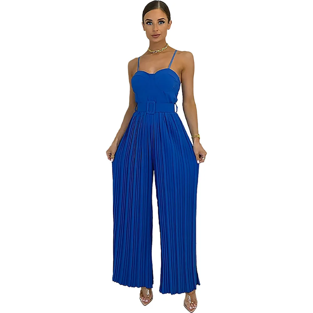 Summer Casual Suspenders Long Jumpsuit Women Fashion Solid  Sleeveless Sashes Pleated Wide Leg Jumpsuit Women
