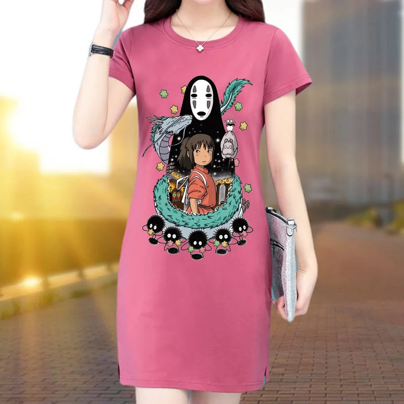 

Spirited Away fashion Japanese anime cute pink Kawaii women's high quality printed long T-shirt skirt Harajuku aesthetic dress