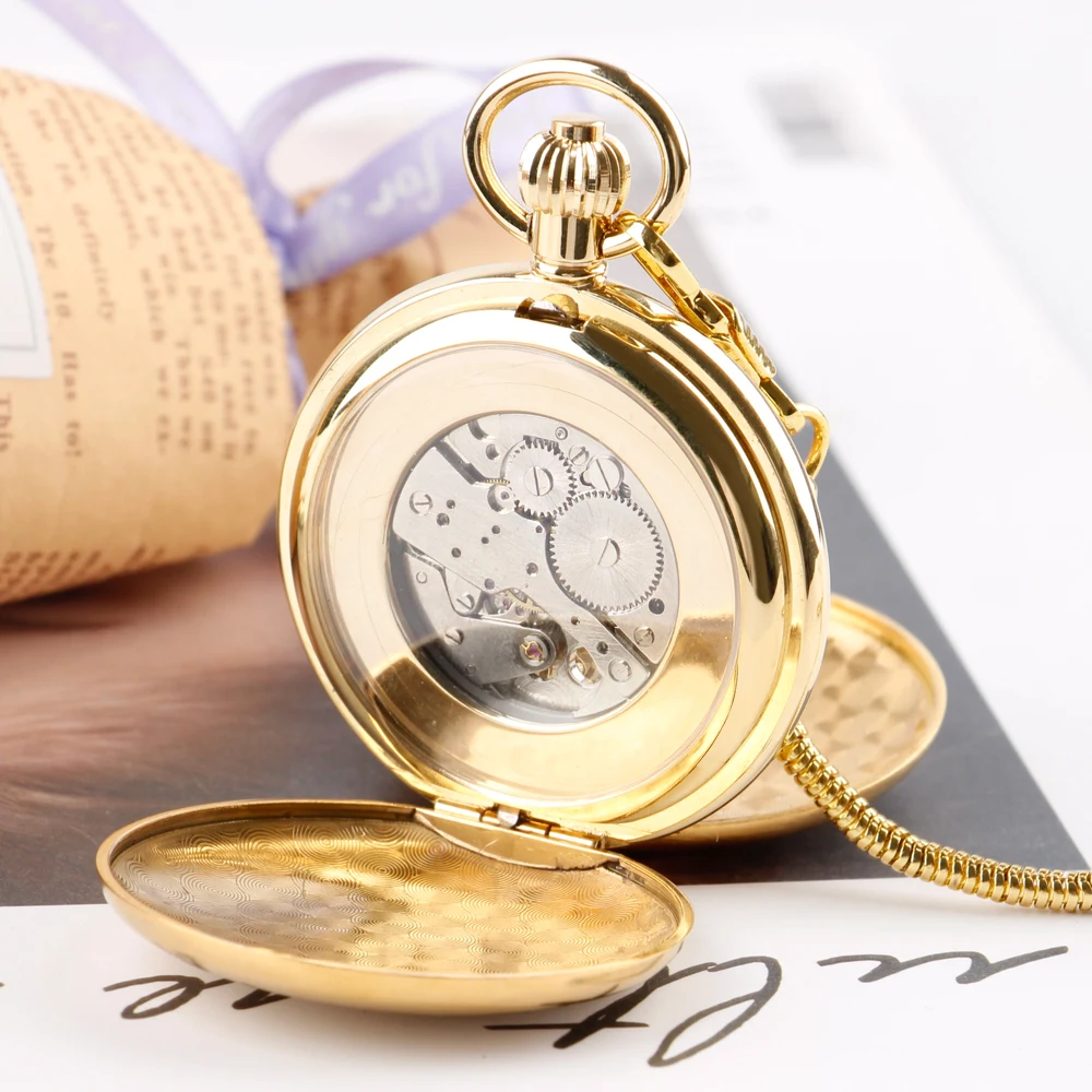 Luxury Gold 2 Sides Open Case Mechanical Pocket Watch For Men Women Business Fashion Necklace Sweater Chain Pendant PJX043