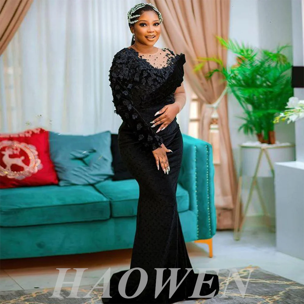 

HAOWEN Saudi Arabic Velvet Evening Dresses Sheer Neck Floral Appliques Beads Pearls Aso Ebi Prom Dress Mermaid Woem Formal Gowns