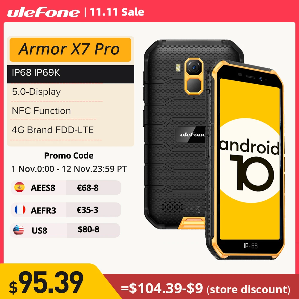 Kup UleFone-Smartphone Armor X7 Pro, Wytrzymały, Wodoodporny Telefon Komórkowy, 4GB RAM, IP 68, NFC, 4G/LTE/2.4G/5G, WLAN