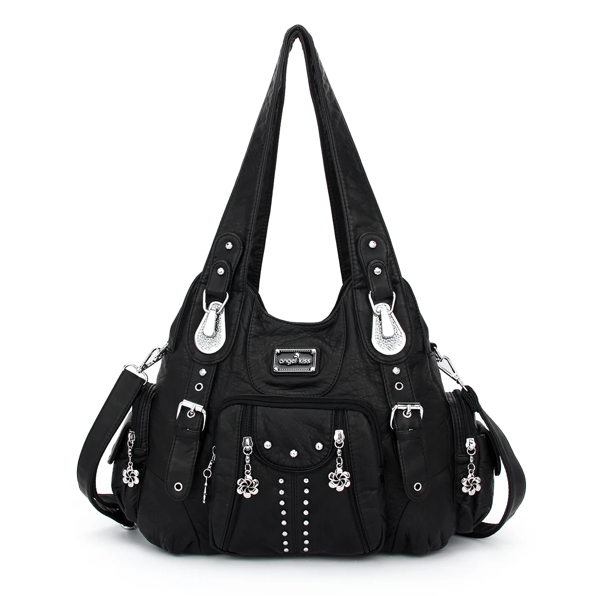 

Женская вместительная сумка-мессенджер Angel kiss, промытая сумка через плечо из полиуретана с заклепками и двумя отделениями, с несколькими карманами