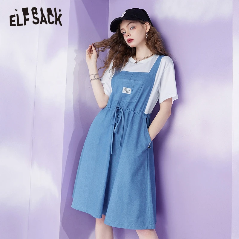 

Женское платье из двух частей ELFSACK, голубое лоскутное платье с высокой талией и высокой талией на лето 2022