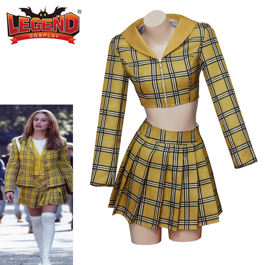 Disfraz de Cher horomitz a cuadros, conjunto de uniforme escolar, traje con chaqueta y falda, color amarillo