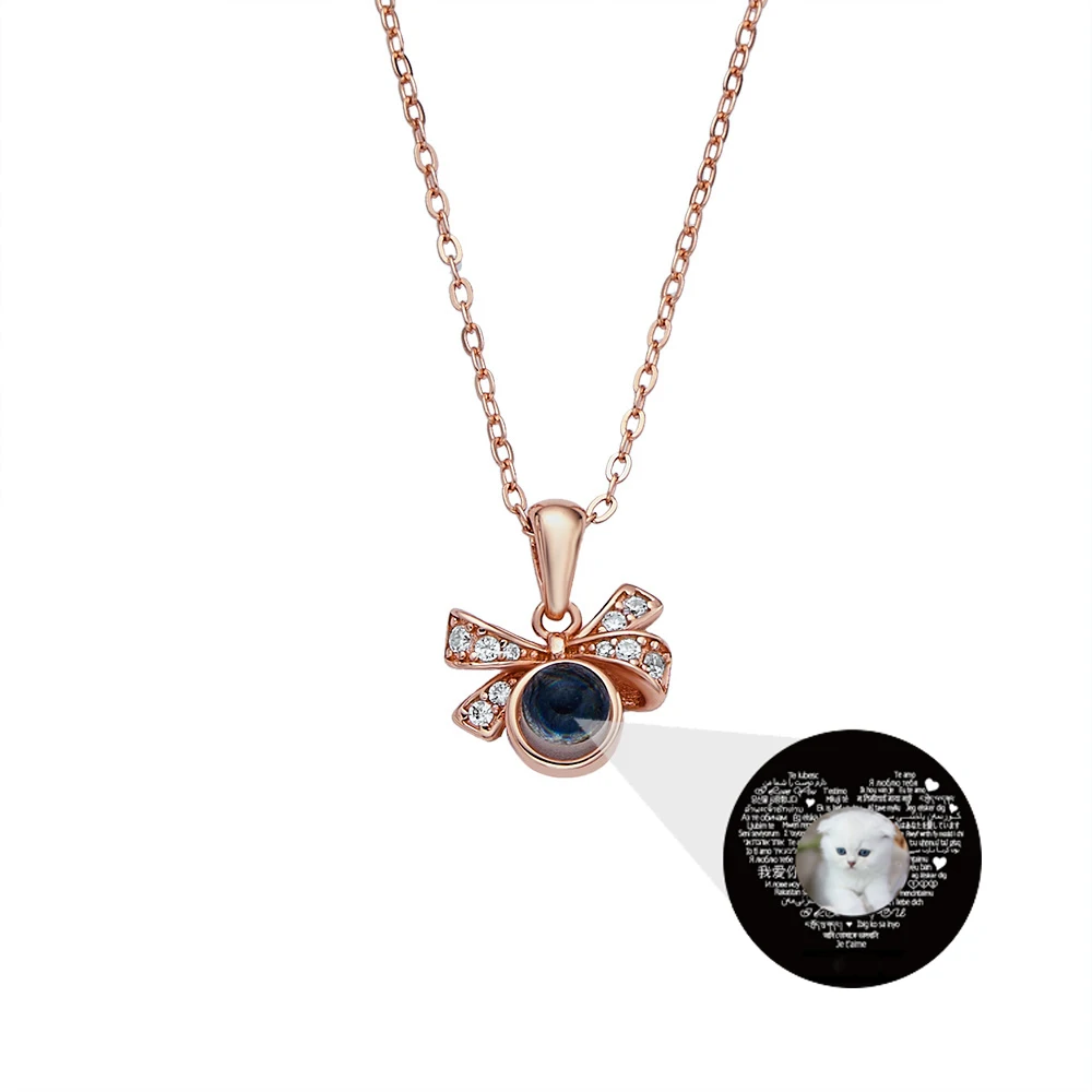 925 Silver Zircon Bowknot Photo Projection Necklace Personalized Custom Picture Pendants for Girls Birthday Gift to Girlfriend