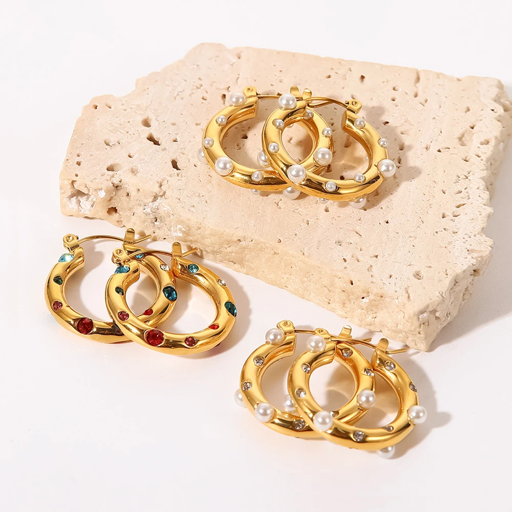 Винтажные серьги-кольца Uworld с разноцветным Цирконом и жемчугом крупные 25 мм