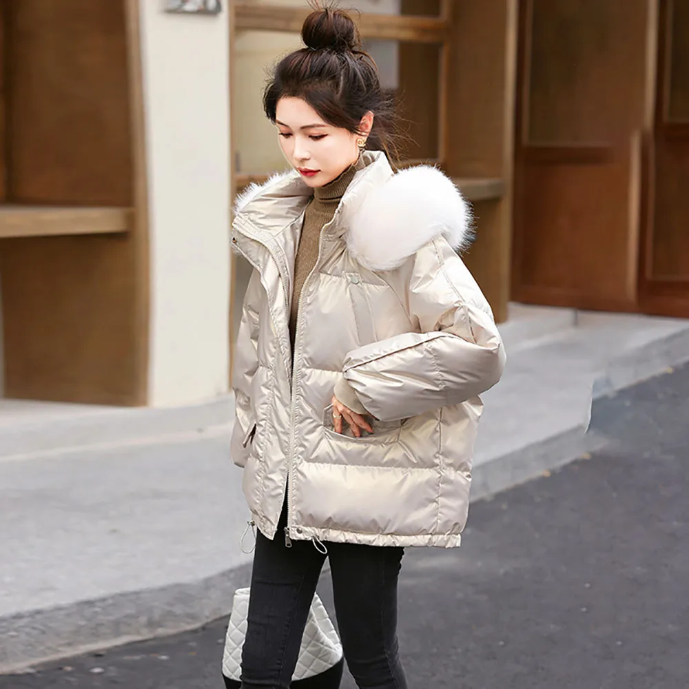 

Faux Fur Winter Down Jacket For Women Disposable Shinny Padded Coat Thicken Warm Winter Cotton Coat Women's Down Jacket
