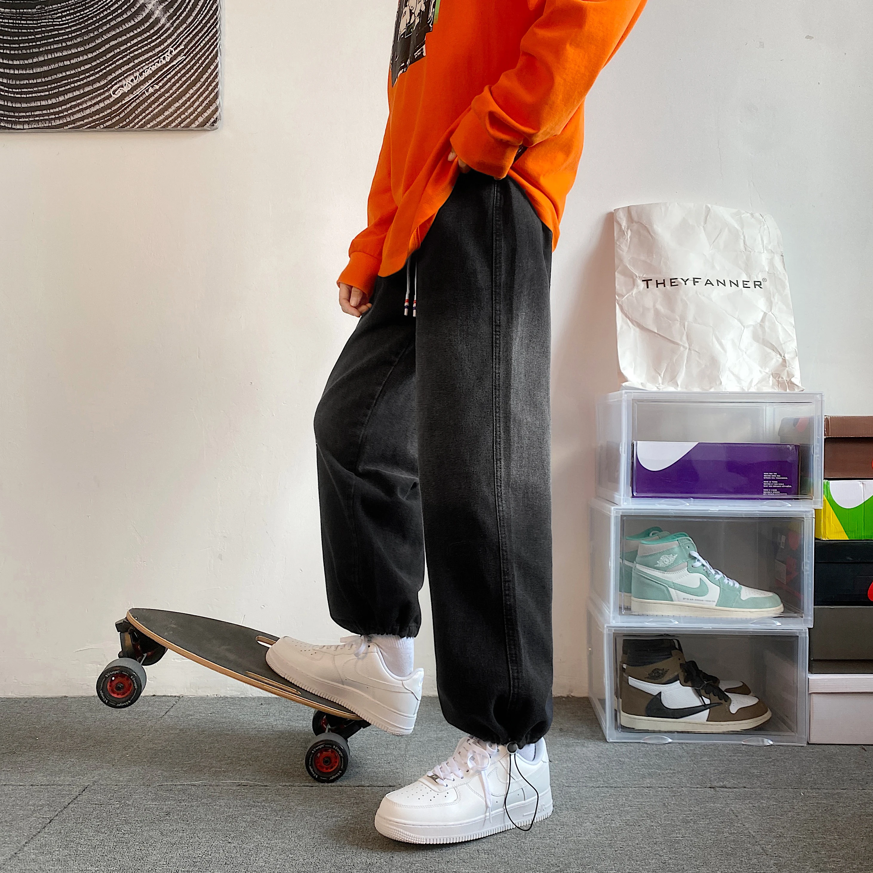 2023 Spring Autumn Black Jeans Fashion Design Casual Ankle Banded Pants Loose Straight Men's Clothing