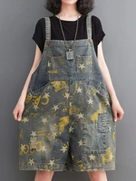 vintage straps denim overalls womens jean jumpsuits short pants flowers jeans denim summer casual rompers shorts