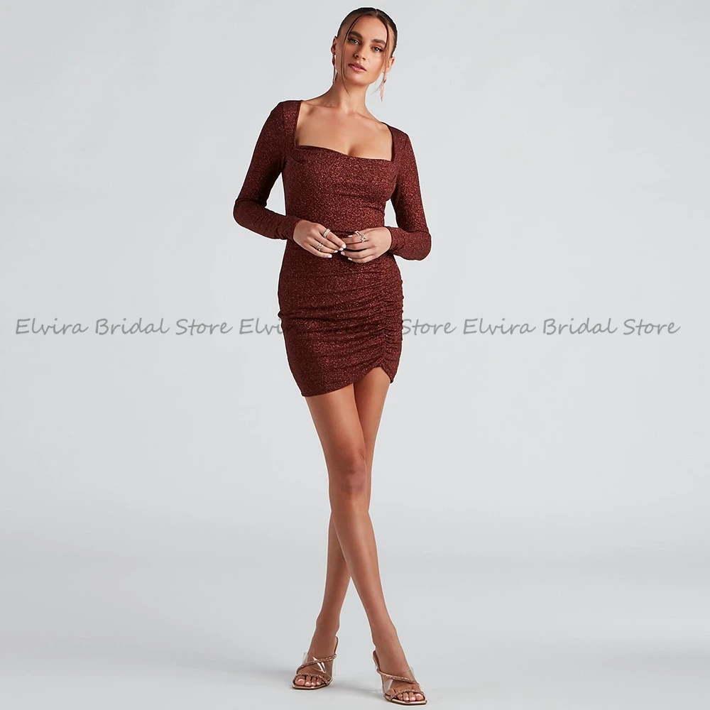 

Sparkle Brown Ladies Cocktail Dresses Mini Length with Straight Tulle Long Sleeve Square Collar Sexy Short Vestido De Fiesta