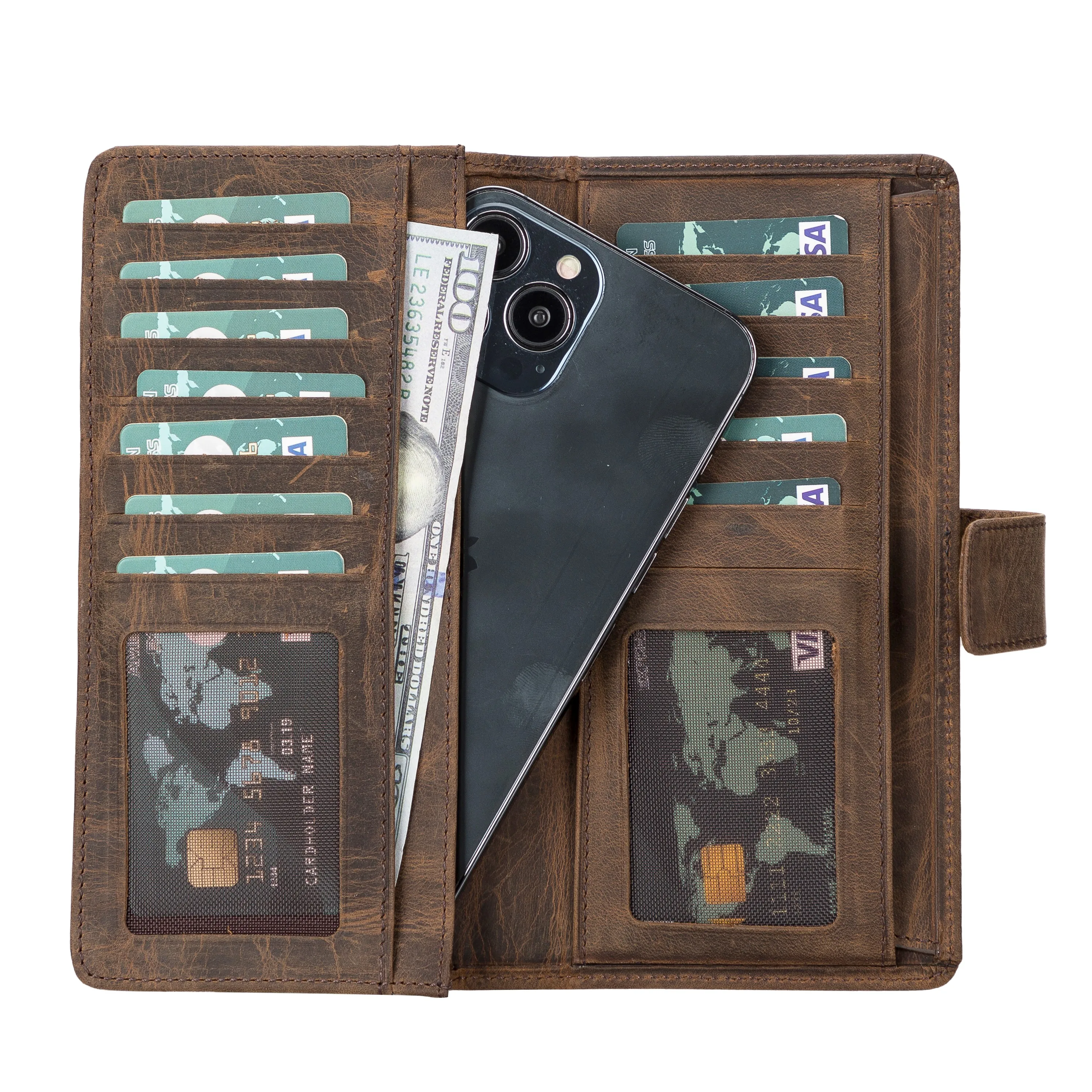 Handmade Genuine Leather Credit Card, Cash, ID and Phone Holder up to 6.9