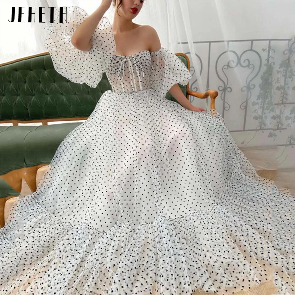 

JEHETH Black Dot Tulle Puff Sleeves Prom Dress Elegant Off Shoulder Sweetheart A Line Tiered Evening Party Gown Vestidos De Gala
