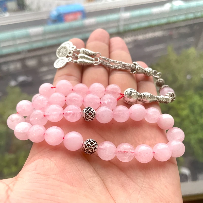 Фото Натуральный розовый кварц Tasbih, 33, 45, 66, 99, 100 бусин, мусульманские женские четки, браслет из драгоценных камней misbaha №3