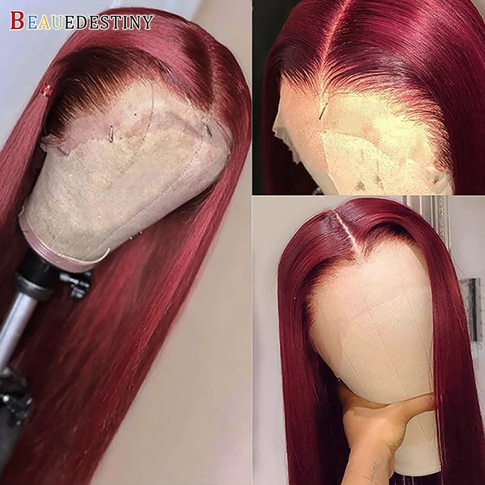 

Red Lace Front Wig Synthetic Hair Straight Lace Front Burgundy Wig Pre Plucked Glueless Natural 360 13x4 Lace Frontal Wig Hair
