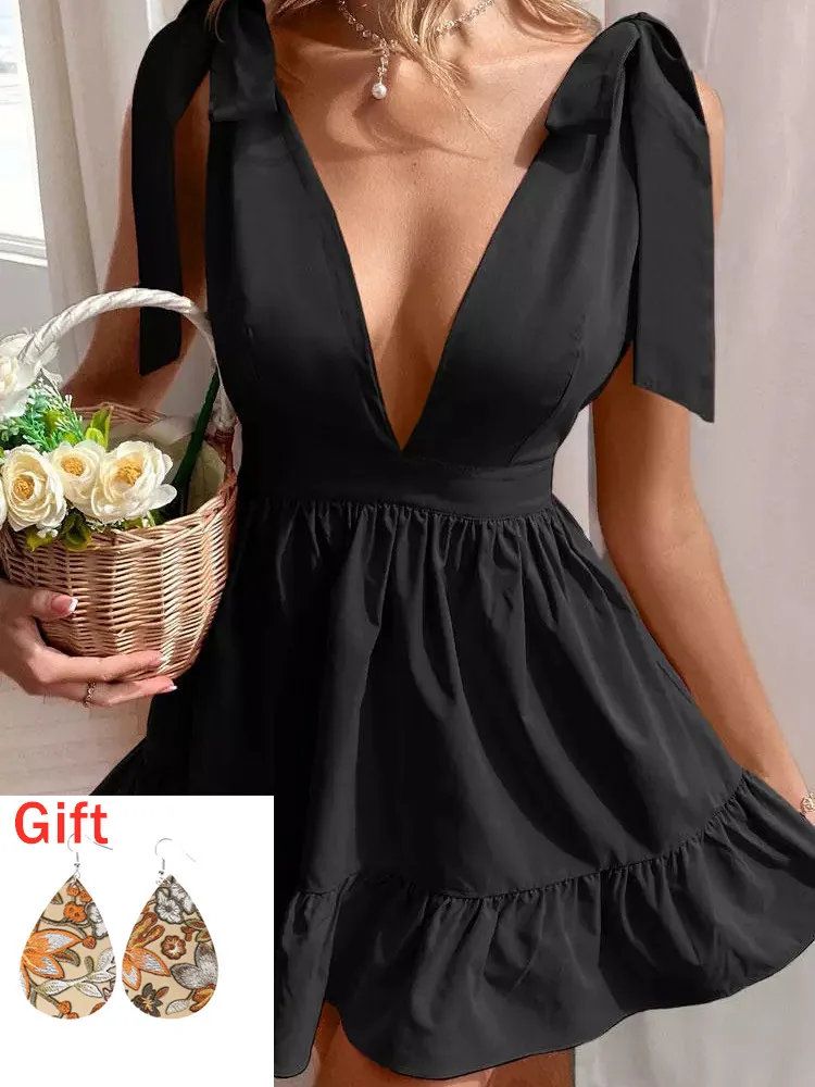 

Sexy Women Dresses Summer 2022 Ruffled Tie Deep V-Neck Sleeveless Mini Dresses For Women Evening Party Vestidos Y2k Clothes