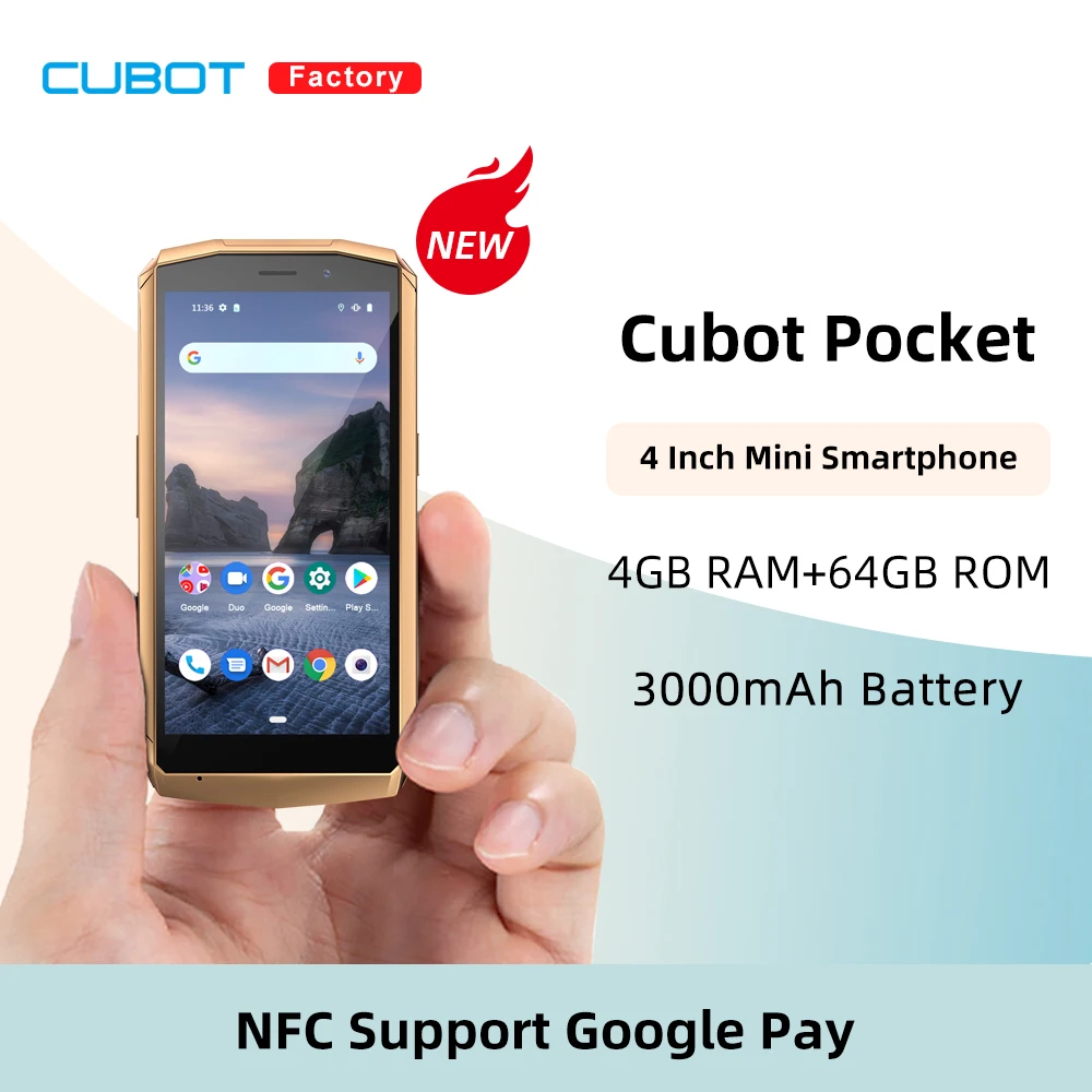 Cubot Pocket Android Mini Smartphone, NFC Support, 4 GB RAM, 64 GB ROM, 128 GB Extended, 4'' Mini Phone,16MP Camera, Dual SIM