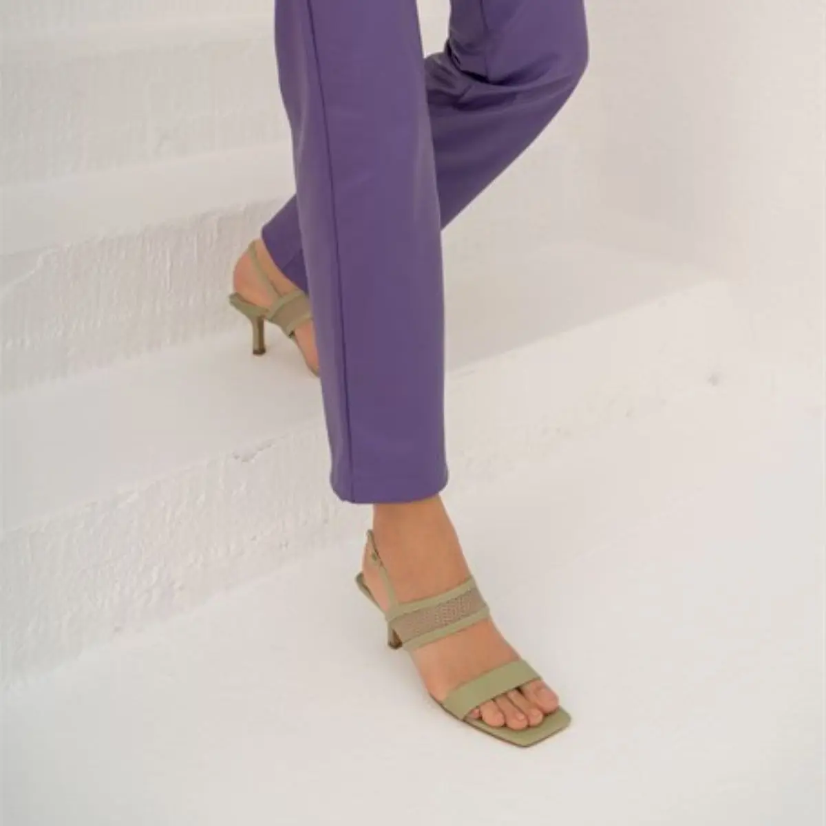 

Yates Quality Faux Leather Striped Thin Heel Perforated Mesh Women's Sandals Mint Black Beige Heeled Shoes