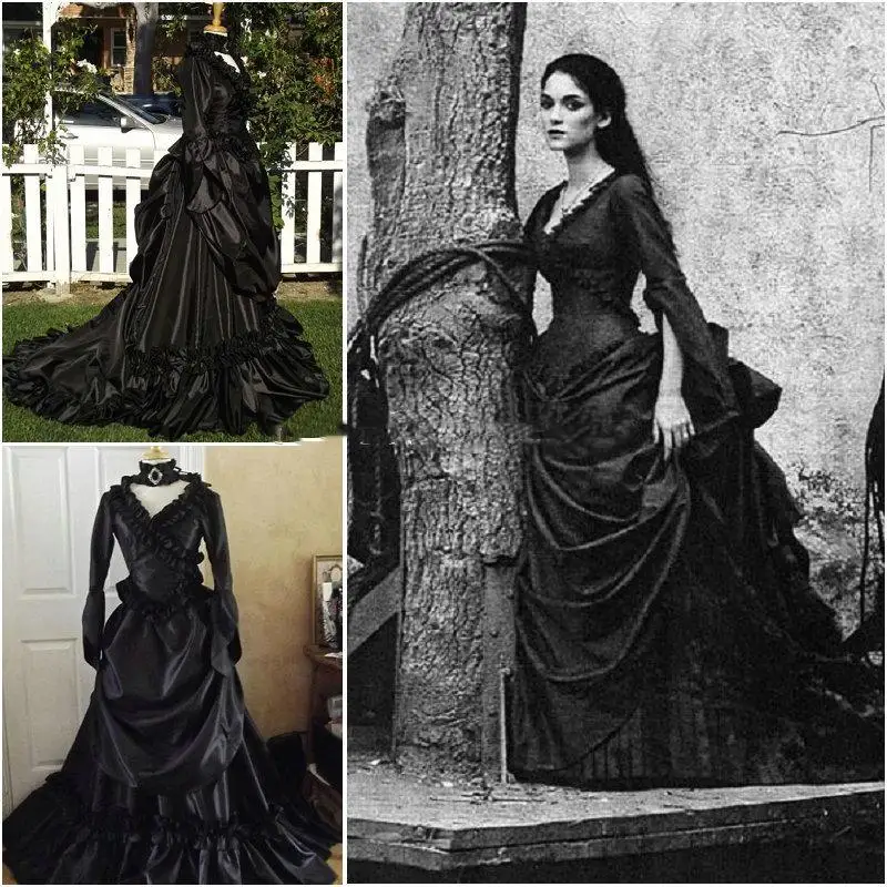 

Vintage Victorian Wedding Dresses Gothic Black Bustle Ruched Civil War Southern Belle Bride Dress Vampire Long Sleeves Vestido