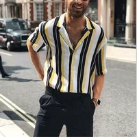 summer new male short sleeved tops with striped color matching large size 3d digital printed shirts casual trend mens cardigan