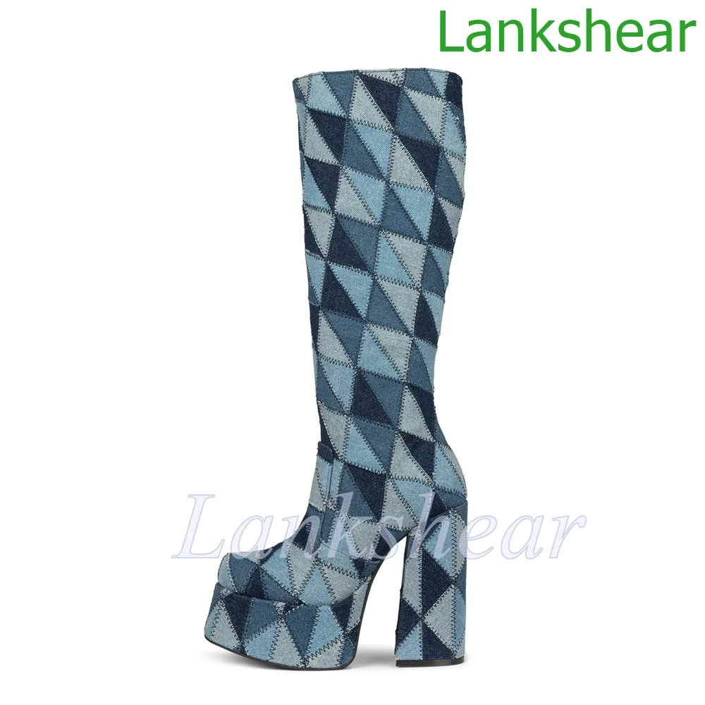 

Denim Plaid Long Boots Round Toe Platform Square High Heels Knee High Boots 2022 Newest Autumn Winter Boots Sexy Fashion Shoes