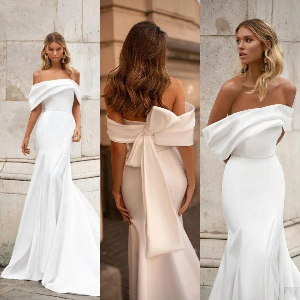 

Simple Strapless Satin Mermaid Wedding Dresses vestidos Beads Belt Pleats Bridal Gowns with Big Bow C2626