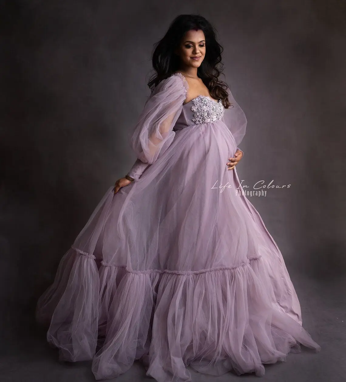 

Lavender Appliqued Maternity Dresses for Photo Shoot Flower Beaded Ruffles Prom Gowns Custom Bathrobe Babyshower