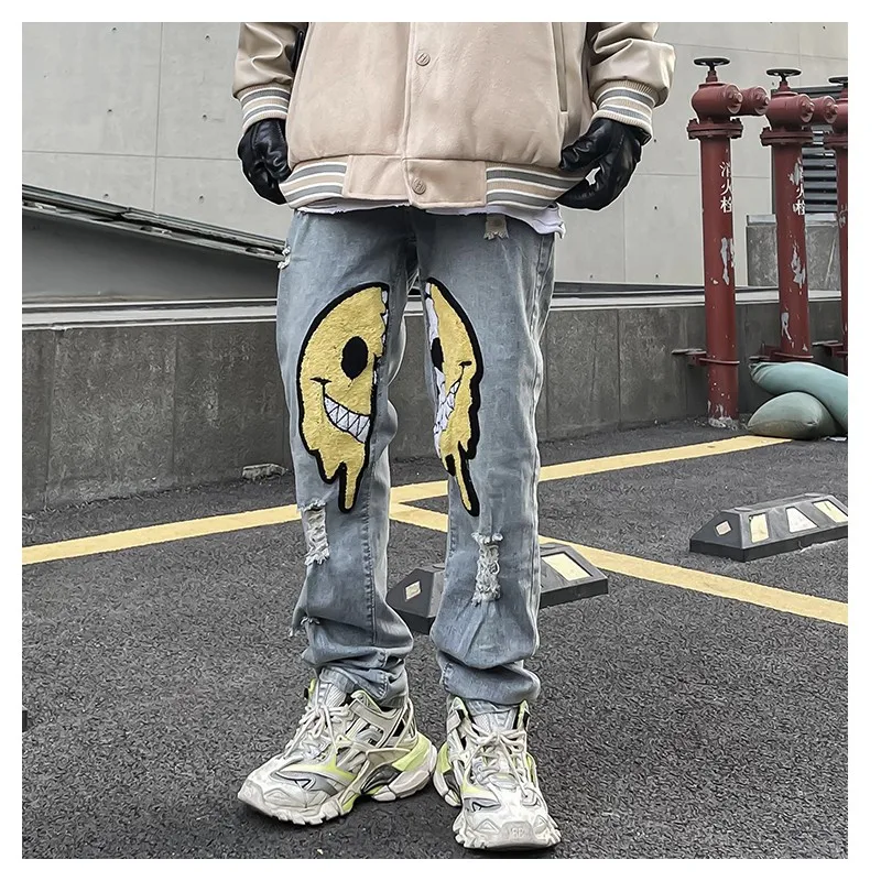 Smiley Jeans for Men Printed Man Pants Hole Men's Skull Casual 2022 Trends Clothes Women's Graffiti Y2k Skeleton Baggy Hip Hop