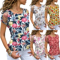 colorful floral print women t shirt sexy cut out shoulder short sleeve o neck fashion tee tops 2022 summer casual female clothes