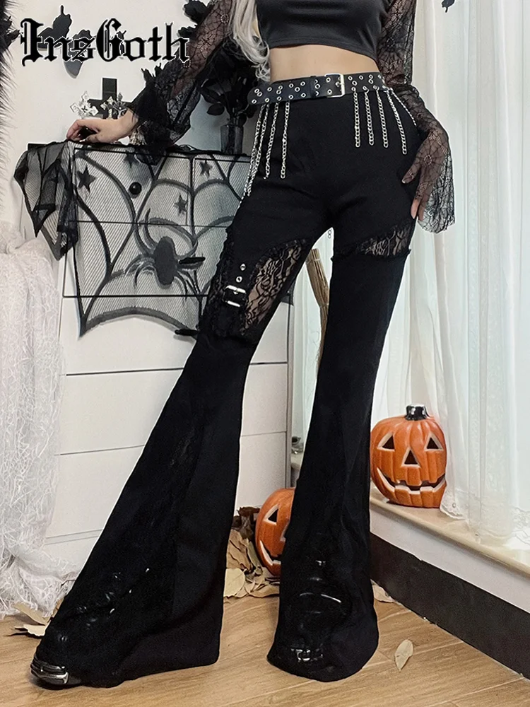 

InsGoth Gothic Flare Pants Lace Patchwork Cutout Hip Hop Dark Academy Streetwear Wide Leg Boot Cut Emo Harajuku Woman Sweatpants