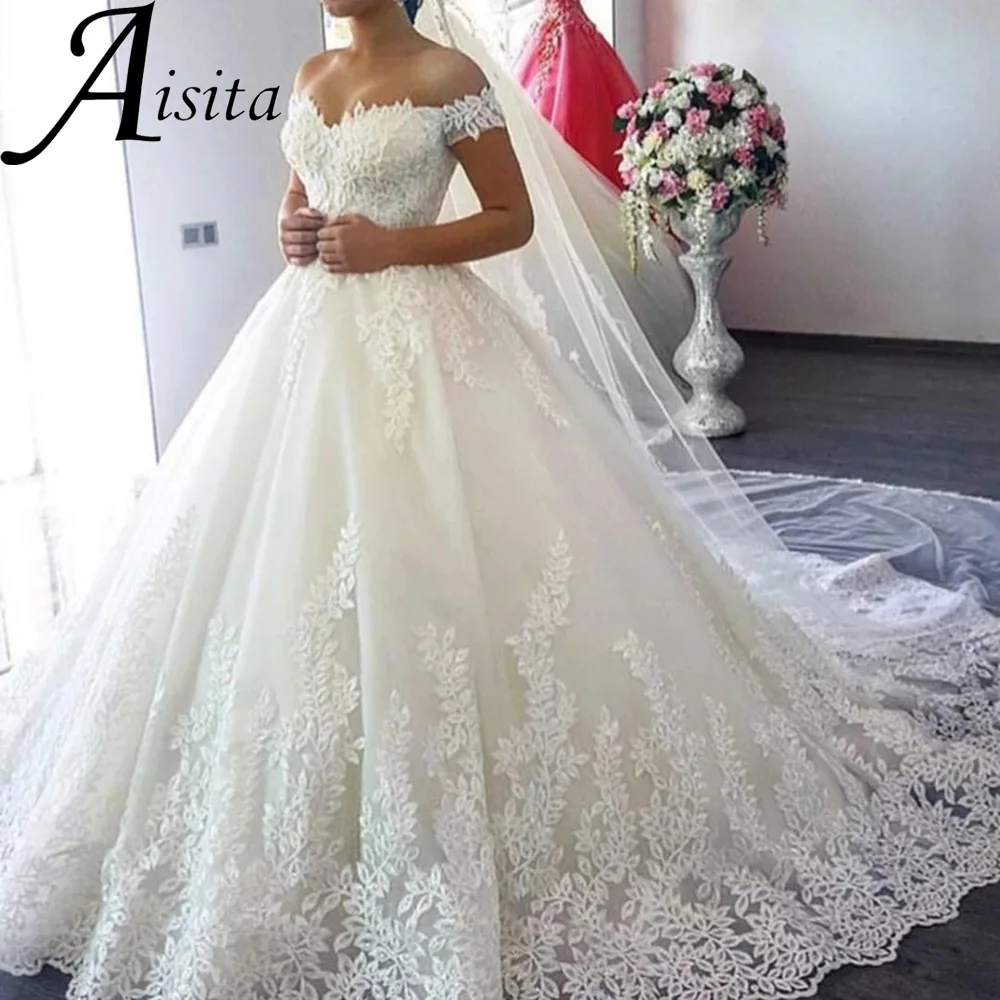 

Luxurious Off The Shoulder Lace Appliques Wedding Dress Sweetheart A Line Bridal Gowns Backless Court Train Vestidos De Novia