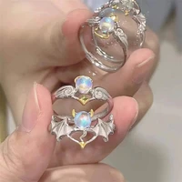 punk angel wing and demon moonstone ring for women men trendy charm silver color lover couple ring wedding party jewelry gifts