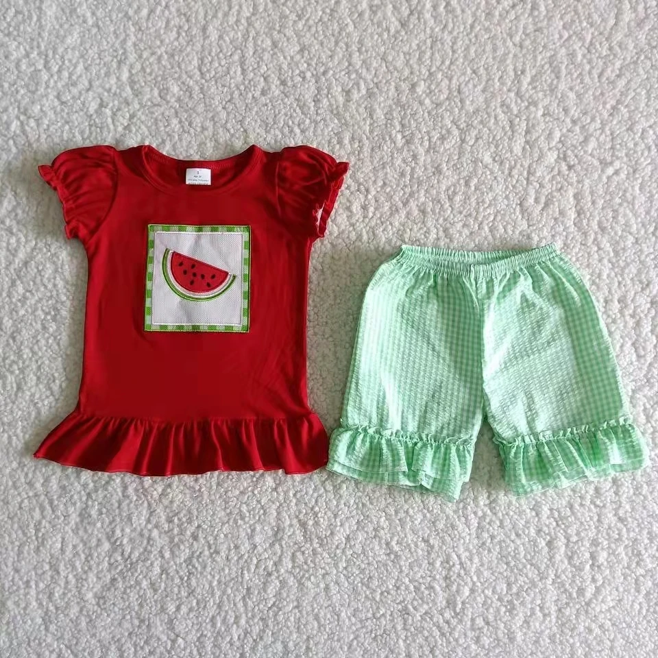 

baby girl clothes red short sleeve watermelon top and green plaid shorts summer clothing outfit girl boutique outfit