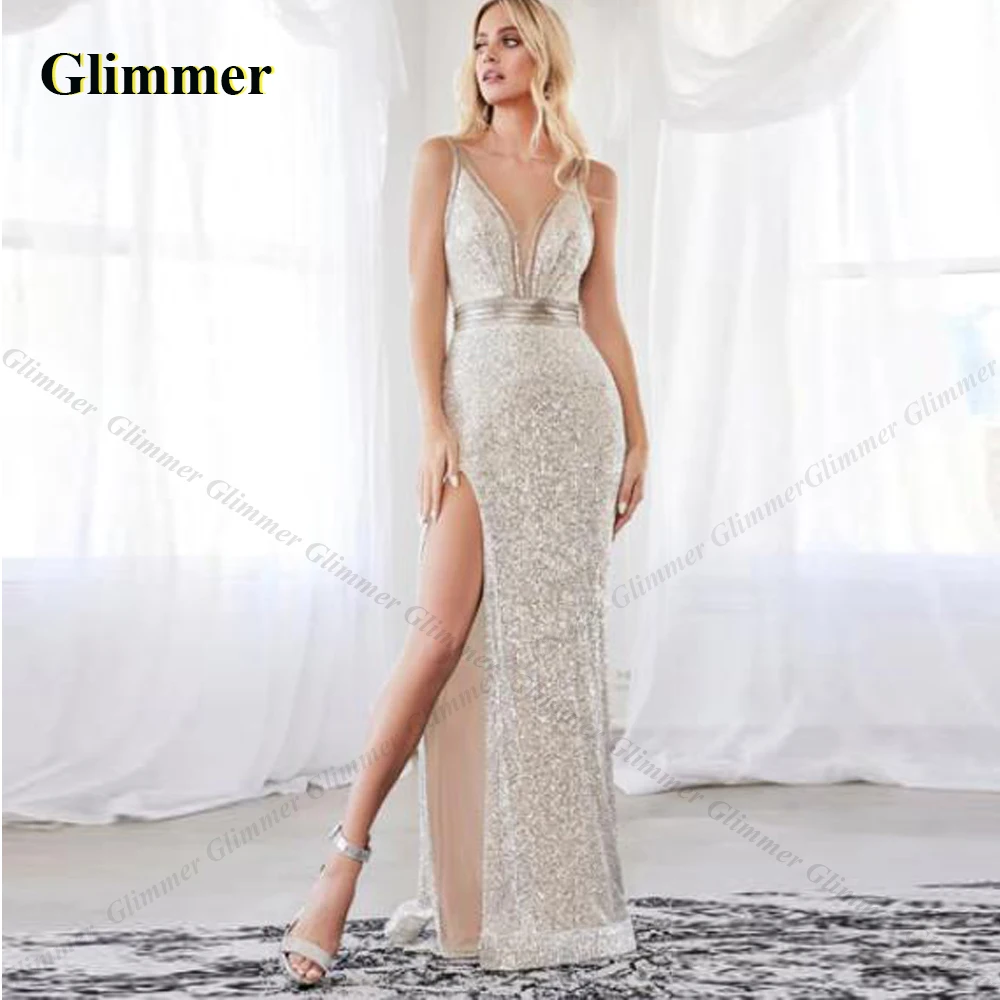 

Glimmer Bling Sexy Evening Dresses Deep V-Neck Formal Prom Gowns Made To Order Celebrity Vestidos Fiesta Gala Robes De Soiree