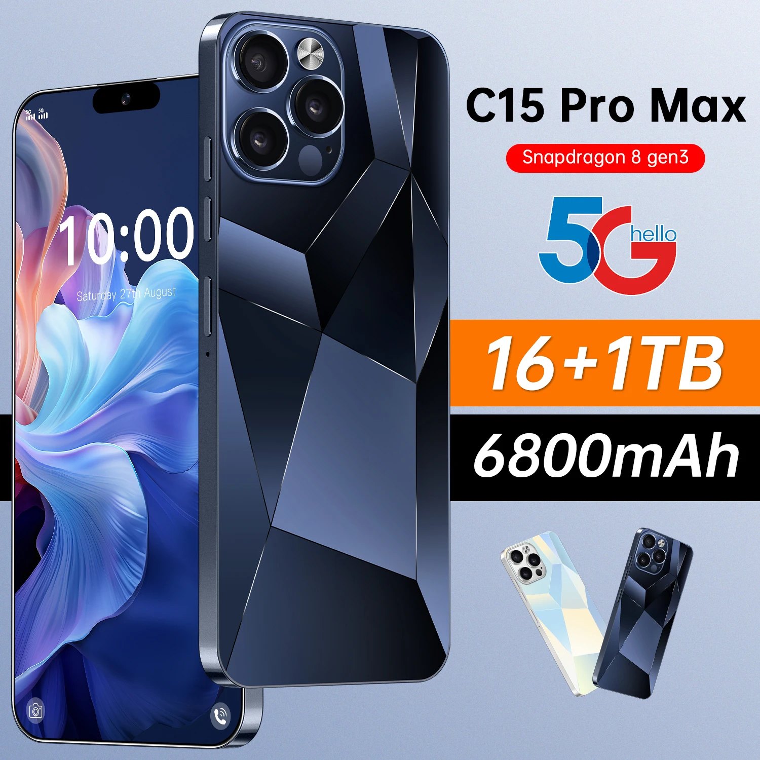 Оригинальный сотовый телефон C15 Pro Max Φ 7 3 дюймов 16 ГБ + 1 ТБ смартфоны Android 13
