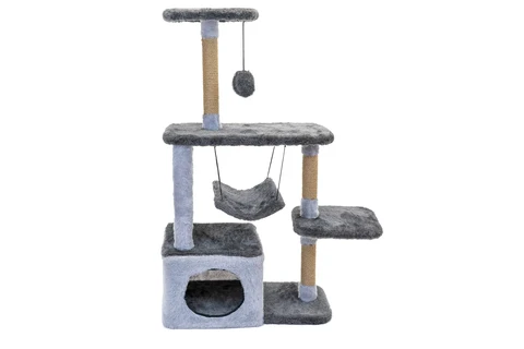 Когтеточка домик для кошек "PetTails" МАРЧЕЛЛО разборный с гамаком, 33*76*h105см (мех, джут) серый