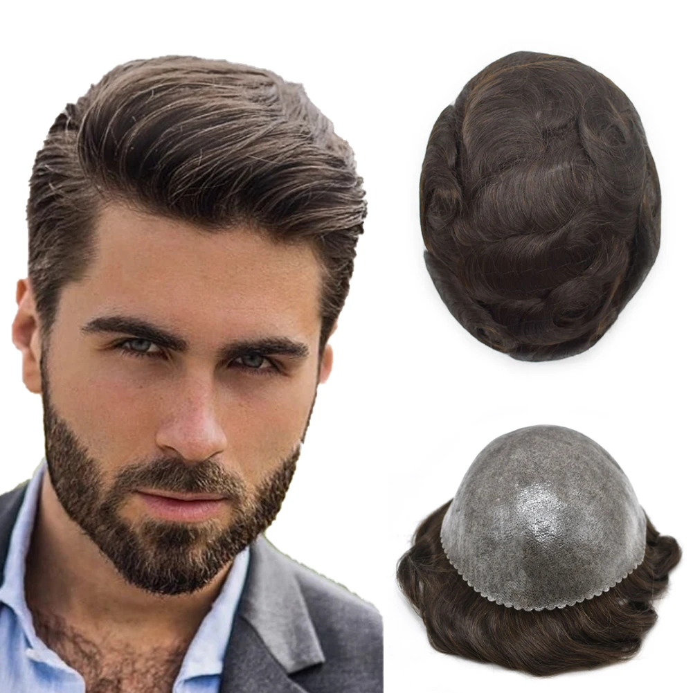 Men Toupee 0.1mm Thickness Full Poly Skin Hair Systems Easy To Install Mixed Gray Toupee For Men 7x9''