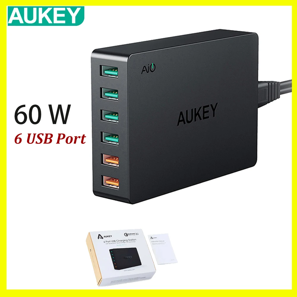 

AUKEY 60W PA-T11 6-Port USB Charging Station with Quick Charger 3.0 Desktop Fast Wall Chargers for iPhones Samsung HUAHEI