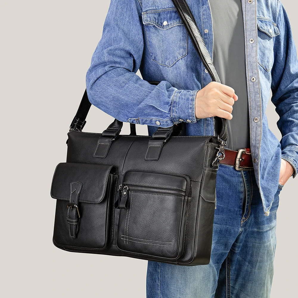 WESTAL Men's Bag Genuine Leather Men Briefcase Handbags For 15.6