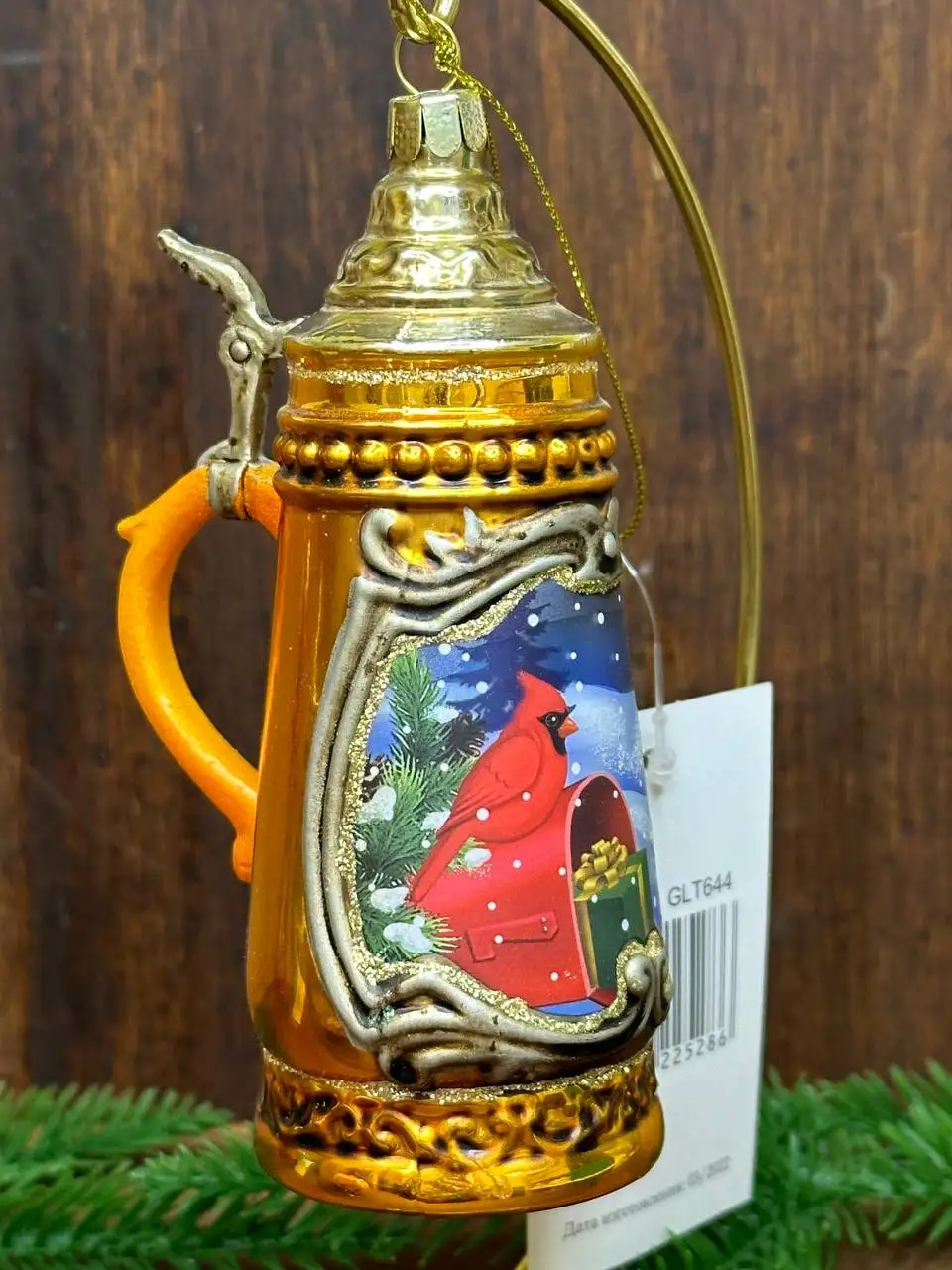 Елочное украшение 1шт &quotПивная кружка&quot 13 см стекло желтая