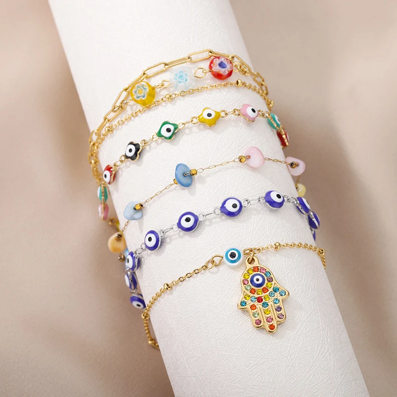 

Turkey Evil Eye Bead Crystal Palm Anklet For Women Boho Color Stone Pearl Chain Acrylic Flower Bracelet Female Teen Feet Jewelry