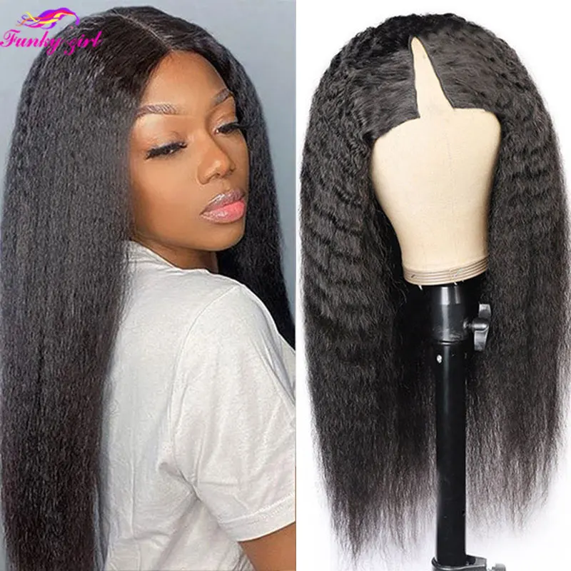 

Kinky Straight V Part Wig Brazilian Yaki Hair Humna Hair Wigs For Women Natural Color Machine Made Wig Glueless 150% Density Wig