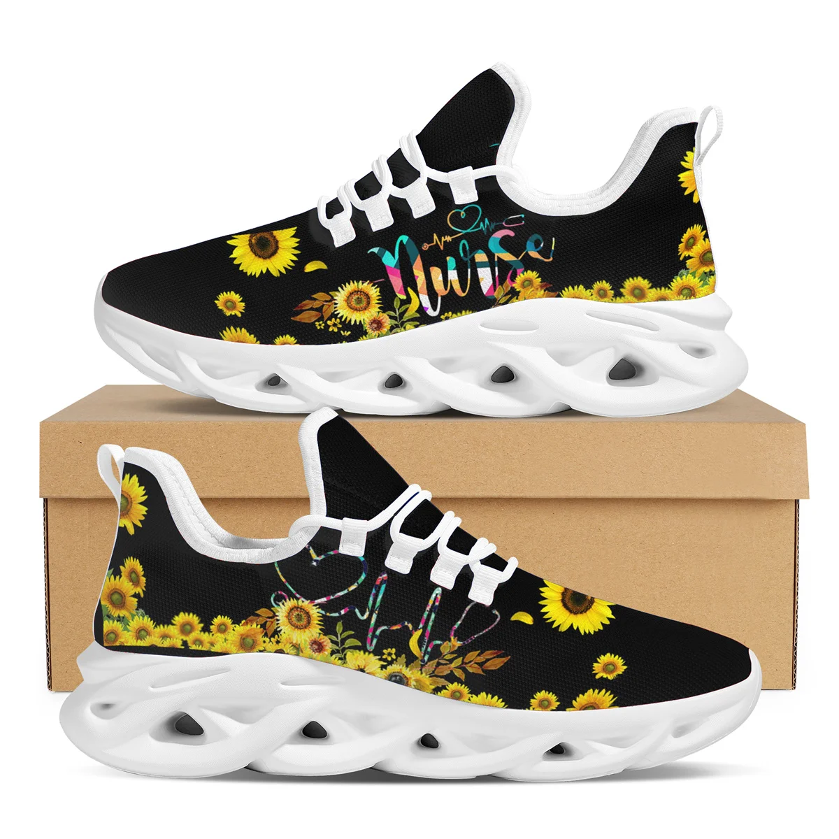 

Doginthehole New Ladies Walking Shoes Sunflower Print Design Sneakers Teen Girls Lightweight Lace Up Casual Shoes Zapatos Mujer