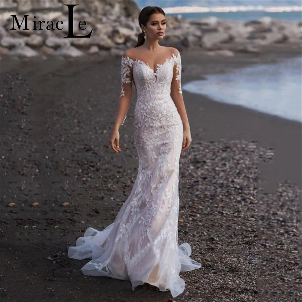 

Vintage V Neck Wedding Dresses For Women Mermaid Buttons Bridal Gowns Lace Appliques Bride Robes Backless 2022 Vestidos De Novia