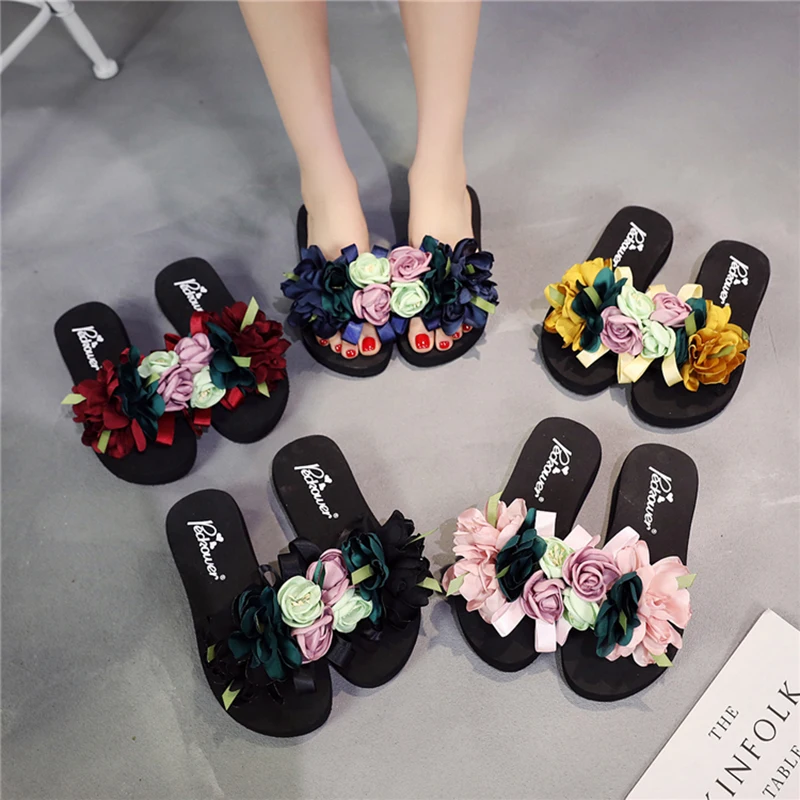 Women's Sandals Handmade Flowers Casual Clip Flat Slippers Outside Wearing Ladys Shoes Big size 36-42 EVA Beach Flip Flops