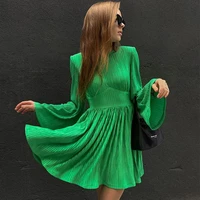 clothland women elegant pleated green dress o neck flare sleeve high waist chic female fashion casual mini dresses mujer qb227