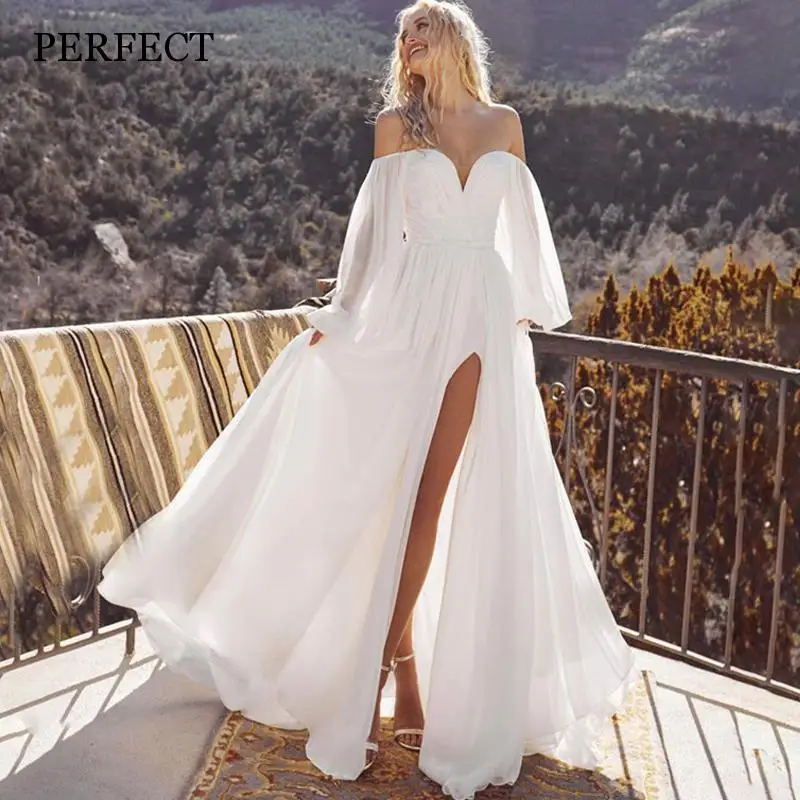 

PERFECT Sweetheart Side Split Wedding Dresses Elegant Puff Sleeves Backless Bridal Gowns Sweep Train Chiffon Vestidos De Novia