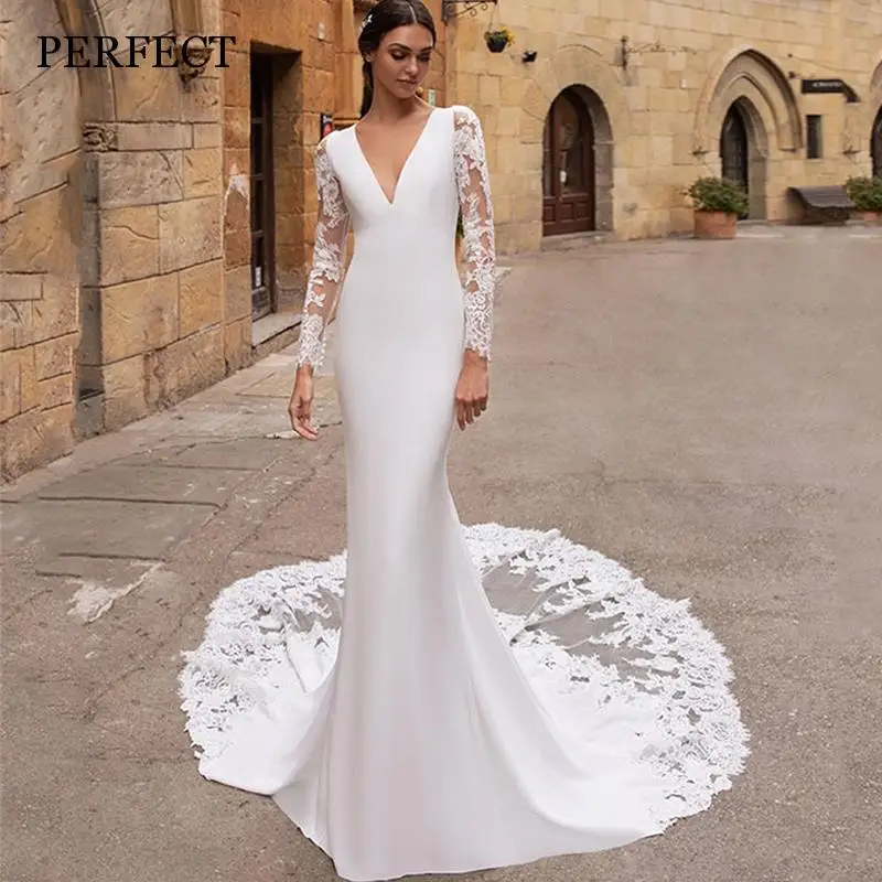 

PERFECT Sexy V-Neck Mermaid Wedding Dresses For Women 2022 Long Sleeves Lace Appliques Satin Bridal Gown Court Train Custom Made