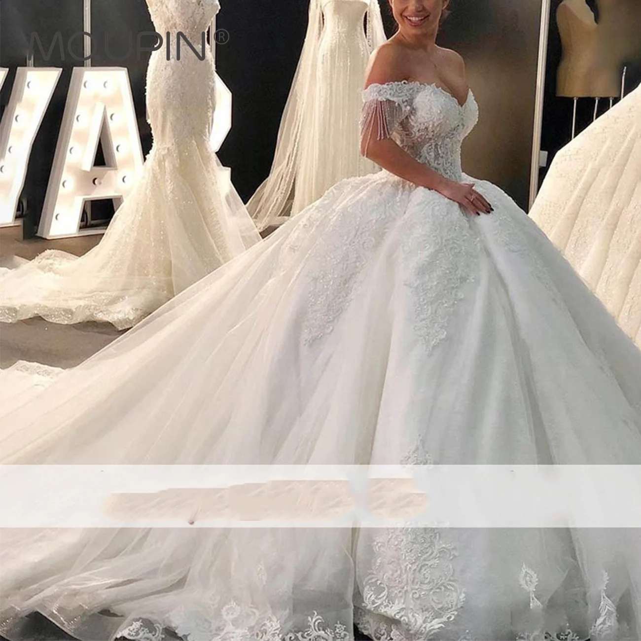 

MQUPIN Luxury Beaded Lace Wedding Dresses Elegant Off Shoulder Tulle Bridal Gowns Sweetheart Princess Bridal Dress MP119
